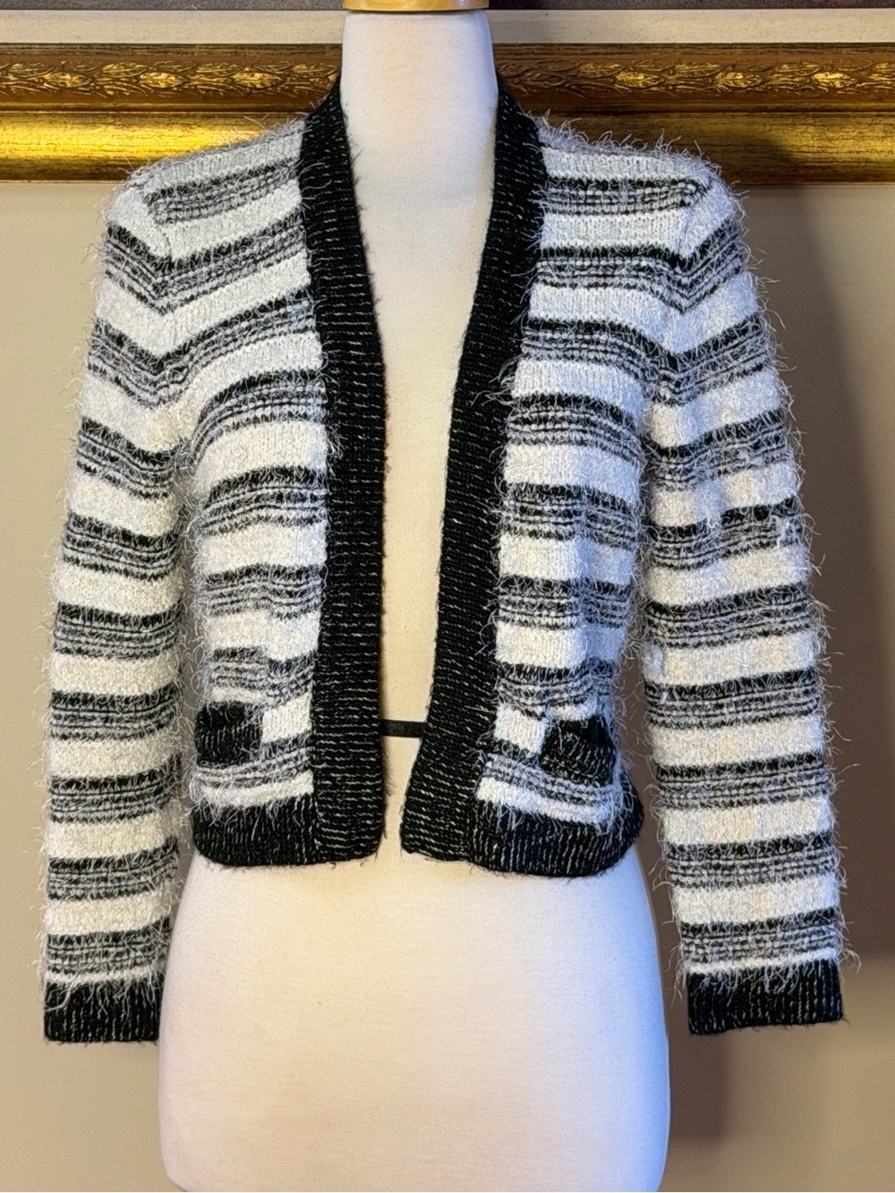 Calvin Klein | Size Small Black & White Striped Open-Front Fuzzy Cardigan/Jacket